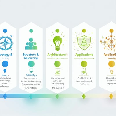Create a presentationstyle image illustrating the five pillars with clear bold headings Strategy  Governance Structure  Resourcing Architecture  Applications Security  Resilience and Innovation each pillar should feature a distinctive relevant icon e