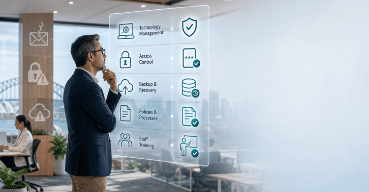Business owner reviewing a cybersecurity readiness dashboard that highlights SMB1001 control areas, symbolising the shift from “too small to target” denial to clear risk awareness.