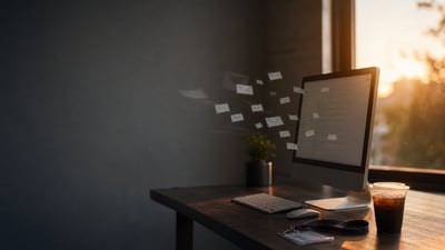 Office computer with email icons streaming from the screen, illustrating a compromised business mailbox