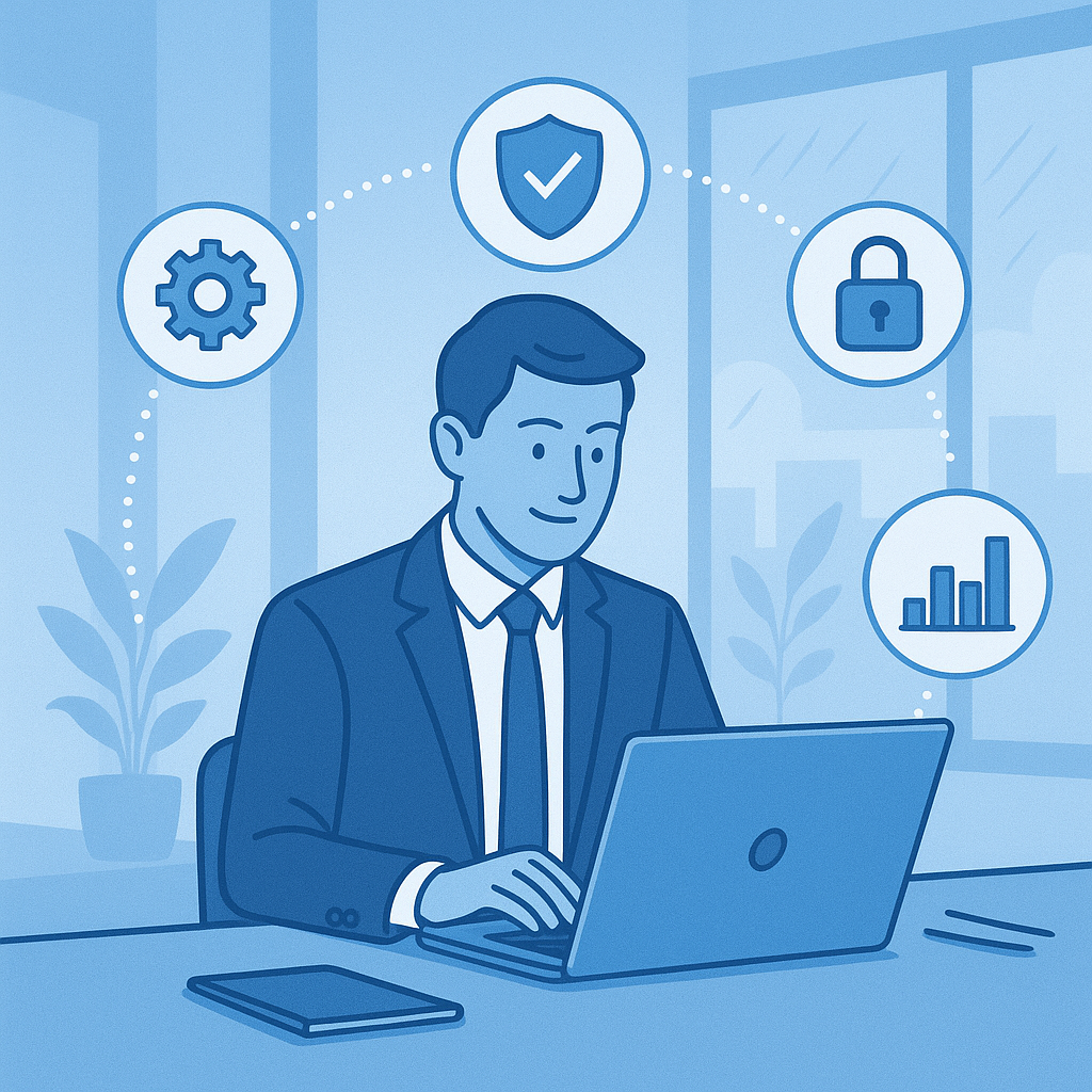 Graphic of a business professional on their laptop with icons and graphs surrounding them displaying that the device is supported in the background whilst that person is working and they are protected and secure Have it as a blue colour scheme whilst