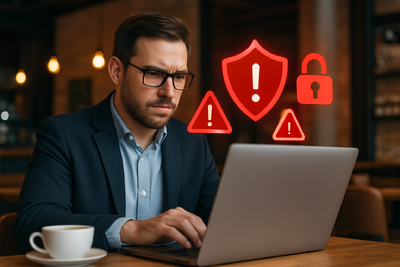 Solopreneur working remotely facing cybersecurity threats on public wifi