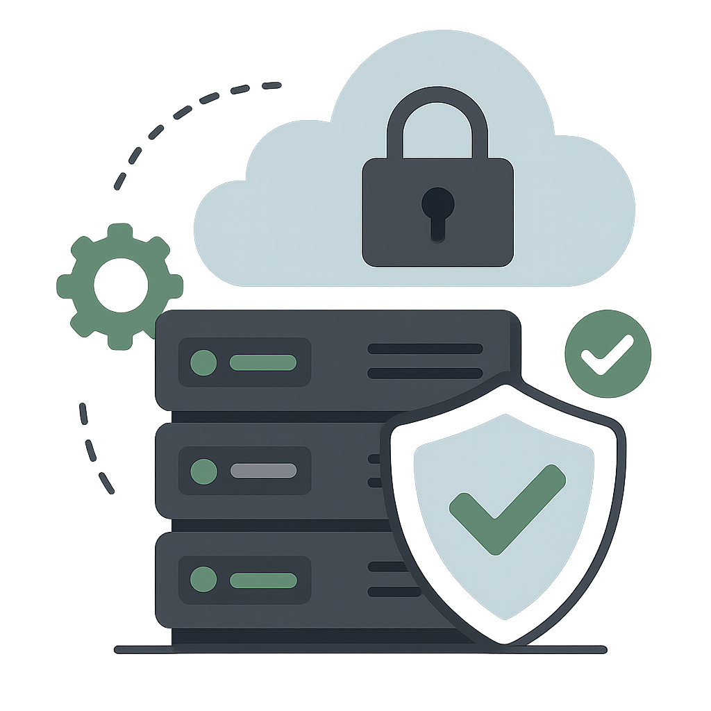 graphic of a healthy and protected server that is secured and optimised with a cloud server in the background with a lock over ti as it is also secured