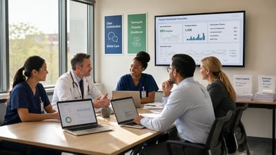 Healthcare professionals reviewing trends with AI sentiment analysis