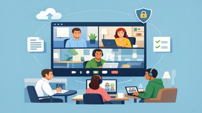 Hybrid meeting with staff joining from office, home and remote locations using secure Microsoft Teams collaboration