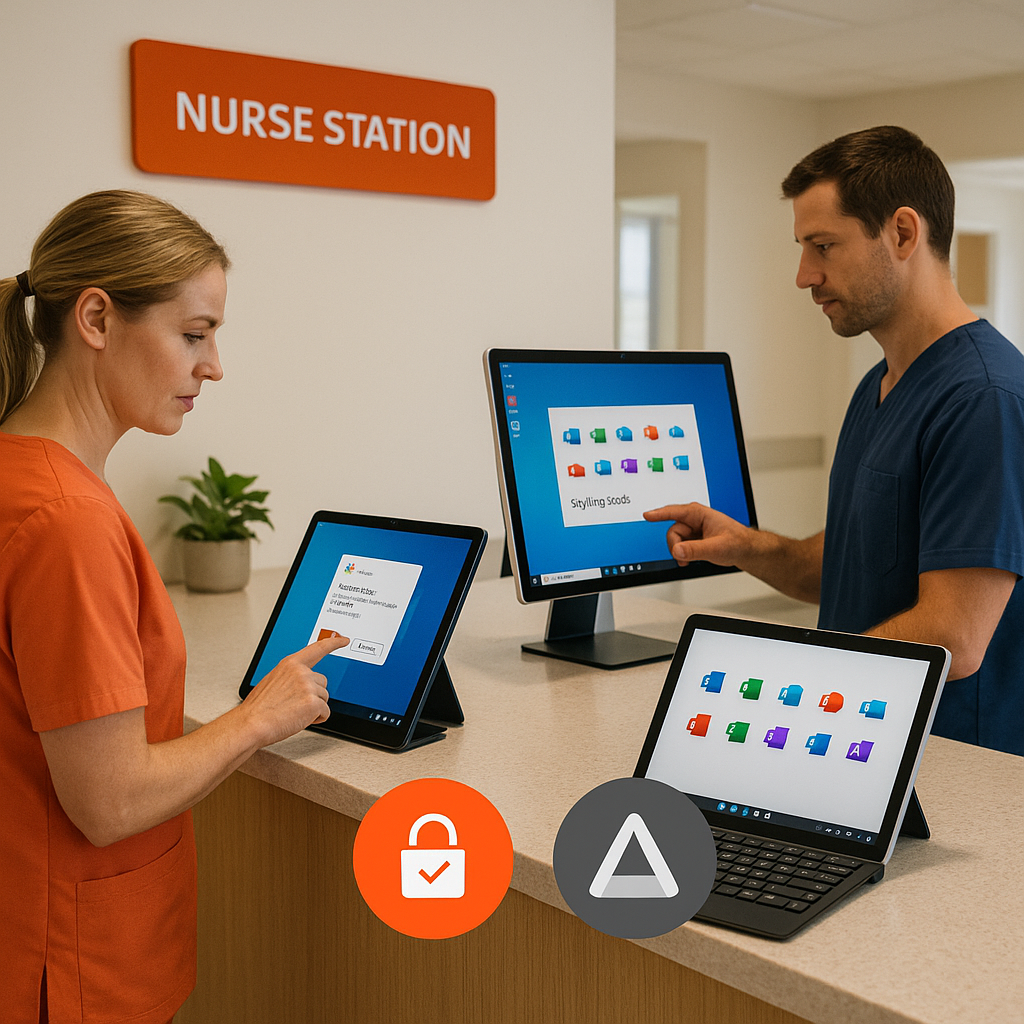 A nurse station with shared iPads and Windows kiosks running Microsoft 365; one staff member approves MFA while another signs out.
