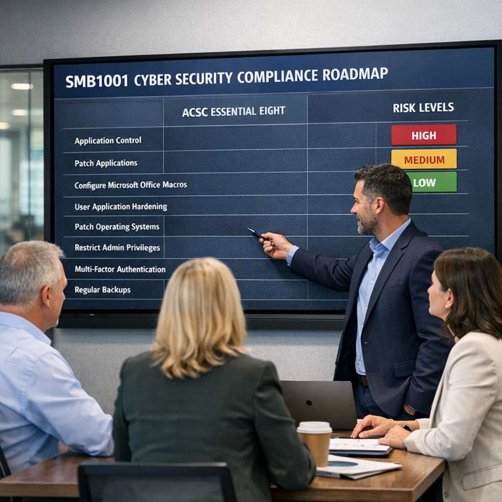 Australian SME leadership team in a modern office reviewing a cyber security compliance roadmap on a large screen labelled SMB1001 and Essential Eight.
