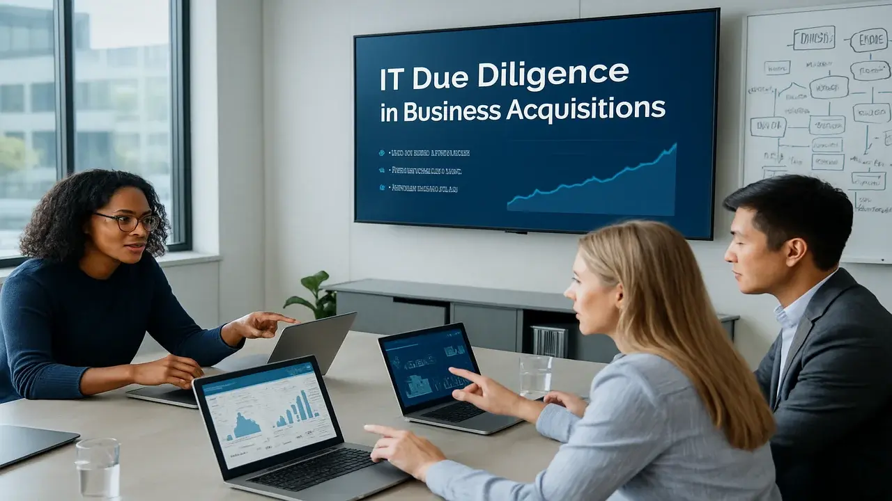 Executives reviewing IT due diligence reports during business acquisition planning