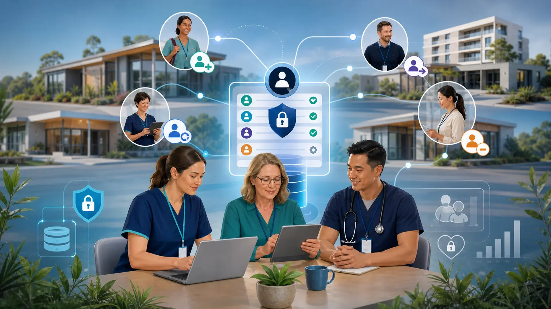 Aged care team managing secure role-based access as staff roles and facilities change